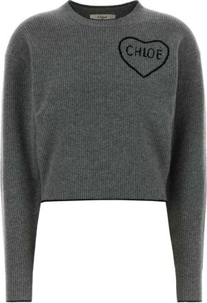 Chlo&eacute; Heart Logo Knit Sweater - Dames - Ronde hals truien - Grijs - S - Wol - Truien & Vesten