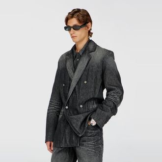 Diesel Double-breasted blazer in creased denim - Denim Jackets - Man - Black