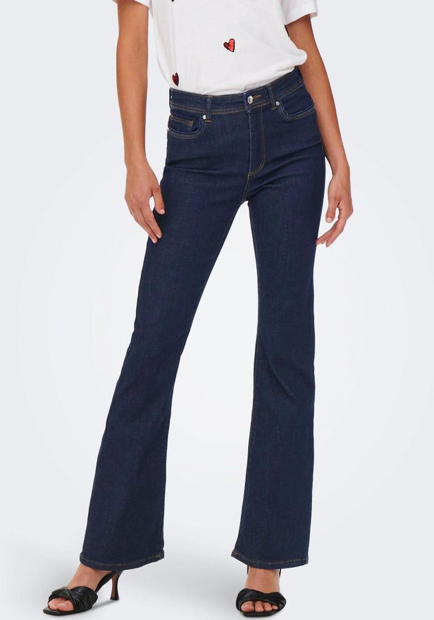 Bootcut-Jeans ONLY ONLWAUW LIFE HW FLARED RINSE DNM, Damen, Gr. XL (42), L&auml;nge 32, blau (dunkelblau denim), Denim/Jeans, Obermaterial: 64% Baumwolle, 