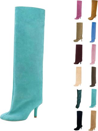 Generic Suede Knee High Boots for Women Wide Calf Square Toe Stiletto Heels Tall Boots Ladies Fall Winter Slouchy Pull On High Heel Dress Long Booties for Par