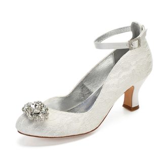 Generic Satin Wedding Shoes Womens Bridal Shoes Round Toe Lace Low Heels Prom Party Dress Shoes 6.5Cm,Ivory,9 UK