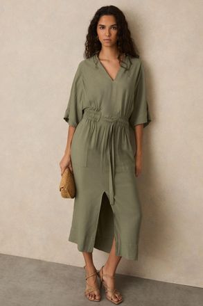 Reiss Khaki Shirred-waist Midi Shirt Dress, 16