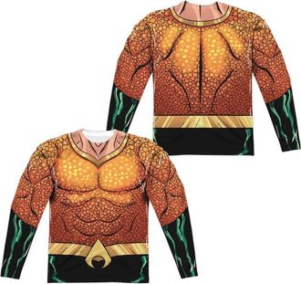Gildan Justice League of America Aquaman Rebirth Uniform (Front/Back Print) Long Sleeve Adult Poly Crew Tee / T-Shirt