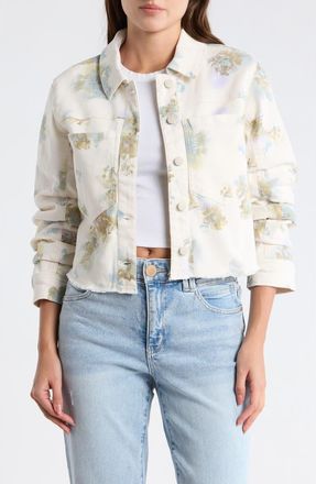 Democracy Ruched Sleeve Crop Denim Jacket in Off White/Lavender Multi at Nordstrom Rack, Size X-Large