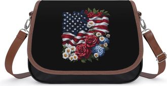 Generic Rose Daisy Flower U.S. Flag Womens Leather Crossbody Bags with Adjustable Strap Casual Printed Shoulder Handbag