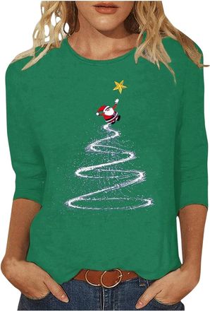 Generic Christmas Tops Ladies Women Christmas Tree Print Xmas T-Shirts Plus Size Novelty Funny 3/4 Sleeve Santa Print Reindeer Graphic Blouse Ugly Tee Shirt P