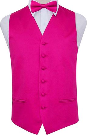 DQT New Plain Mens Hot Pink Wedding Waistcoat & Pre-Tied Bow Tie Set - 44
