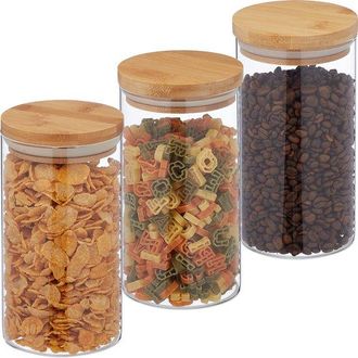 OEM Tarros De Almacenamiento Con Tapas De Bamb&uacute; - 3 Unidades - 1000 Ml - Herm&eacute;ticos - Transparentes/naturales