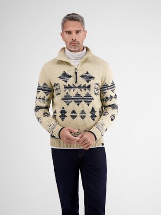 Lerros Strickpullover LERROS LERROS Jaquardpullover mit Troyerkragen, Herren, Gr. L, beige (tender beige melange), 60% Baumwolle, 40% Polyacryl, normal, ohne