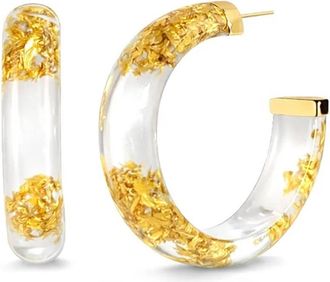 Gold & Honey Womens Small Lucite Hoop Earrings In Clear Gold Leaf
