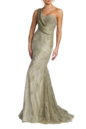 Mac Duggal Draped One Shoulder Embellished Mermaid Gown in Sage at Nordstrom, Size 12