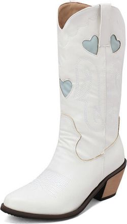 Generic Womens Slip-On Mid-Calf Boots with Embroidery Chunky Heel Western Cowboy Boots Pointed Toe PU Leather Long Boot,White,4.5 UK