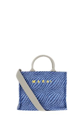 Marni Textured Blue Canvas Small Tote Bag with Contrasting Strap