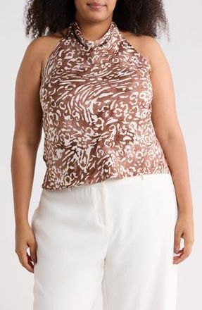 Renee C Animal Print Halter Satin Top in Brown at Nordstrom Rack, Size 2X