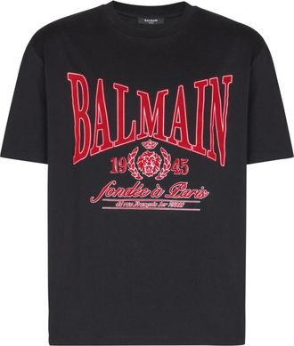 Balmain T-Shirts, male, Black, Size: 2XL Short-sleeved T-shirt with flocked College print