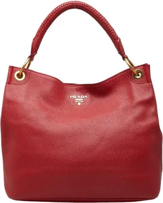 Prada Red Color Leather Shoulder Bag Tote Bag (Pre-Owned)