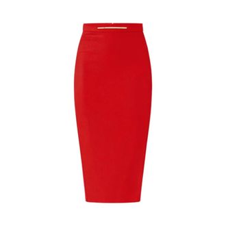 Elisabetta Franchi Pencil Skirts, female, Red, Size: 2XL Midi Crepe Skirt with Jewel Plaque