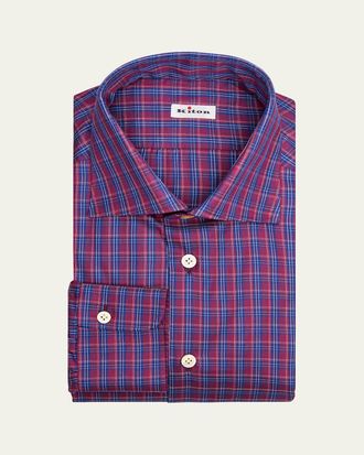 Kiton Mens Plaid Cotton Dress Shirt