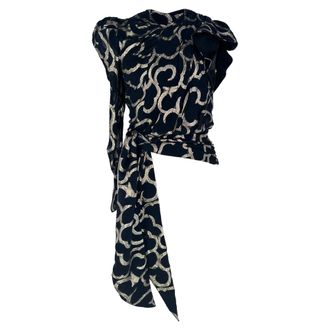 Isabel Marant Printed Tie-Waist Asymmetric Blouse in Navy Blue Wool