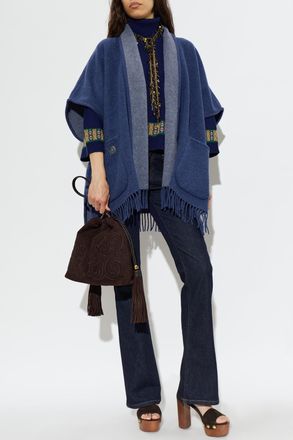 Ferragamo Cashmere Poncho, Womens, Navy Blue