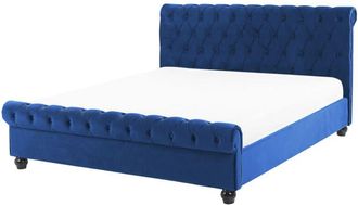 Beliani Cama Doble Tapizada En Terciopelo Azul 160 X 200 Cm Con Cabecero Acolchado Estilo Glam Avallon