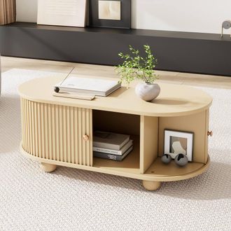 Matteo Oval Coffee Table with Sliding Doors & Storage - Wood Effect MDF in Natural