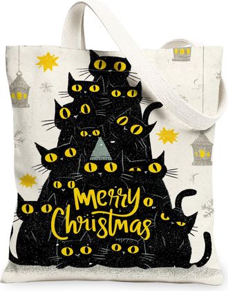 Generic Christmas Cat Canvas Tote Bags, Cute Feline Design Reusable Grocery Bags, Winter Retro Lightweight Washable Shoulder Strap Canvas for Travel Beach Pic