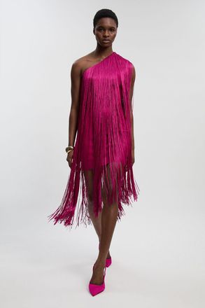 Karen Millen Womens Figure Form Bandage One Shoulder Fringe Mini Knit Dress - Purple - Size 10 UK