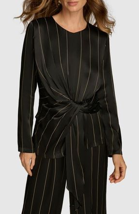 DKNY Pinstripe Long Sleeve Tie Waist Satin Top in Black/Ivory at Nordstrom, Size X-Small