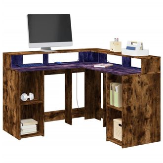 Berkfield Home Desk with LED Lights Smoked Oak 130x130x91 cm Engineered Wood in Brown | Size: 130 x 130 x 91 cm