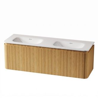Royal Plaza Terra Badkamermeubelset - 140x46.2x46cm - solid surface wastafel wit mat - 2 wasbakken - zonder kraangaten - 4 lades - sandwood (licht eiken)