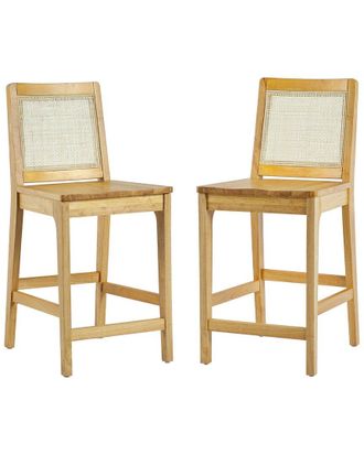Walker Edison Set of 2 Transitional Solid Wood & Rattan Counter Stools
