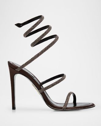 Rene Caovilla Snake Spiral-Wrap Strass Satin Sandals