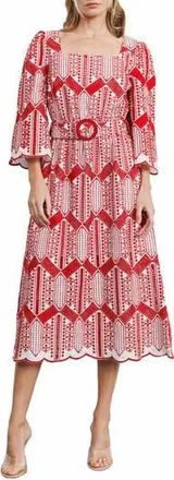 Ciebon Ninita Embroidered Cotton Blend Midi Dress in Red Multi at Nordstrom Rack, Size Large