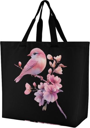 Generic Cute Bird with Flowers Reusable Shopping Bags One Shoulder Grocery Tote Bag Waterproof Big Purse for Work Travel