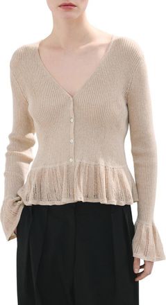 Mango Ruffle Rib & Pointelle Cardigan in Sand at Nordstrom, Size X-Small