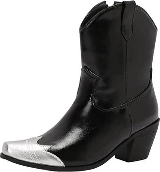 Generic Womens Western Cowboy Ankle Booties Square Toe High Block Heel With Side Zipper For Leisure And Casual Wear
