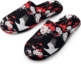 Generic Japanese Crane Bird Flowers Mens Cotton Slippers Memory Foam Comfort House Shoes Winter Indoor Slipper for Hotel Casa Spa