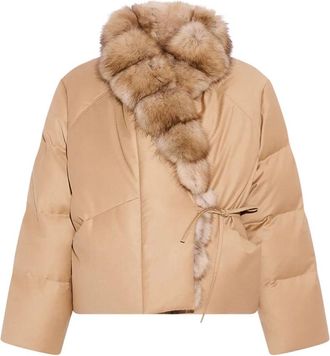 Yves Salomon Korte Flanellen Donzen Jas met Afneembare Sabelkraag - Dames - Winterjassen - Beige - L - Wol - Jassen