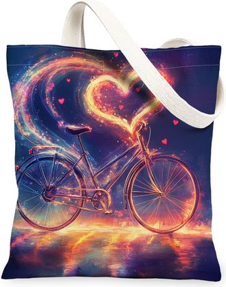 Generic Artistic Bike Canvas Tote Bags, Vintage Heart Pattern Reusable Grocery Bags, Lightweight Washable Shoulder Strap Canvas for Travel, Beach, Picnic 13x1