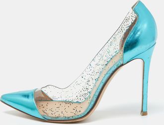 Gianvito Rossi Metallic Blue Leather And Glitter Pvc Plexi Pumps