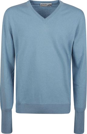 Ballantyne Plain Stitch V-Neck Ribbed Cashmere Knit Sweater