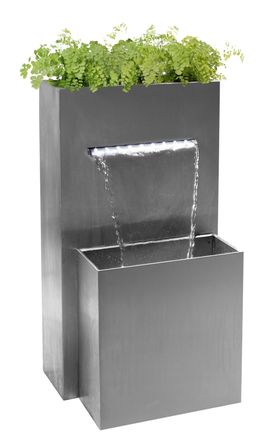 PRIMROSE Planter Waterfall Water Feature Stainless Steel Lights Garden Cascade in Metallic Silver
