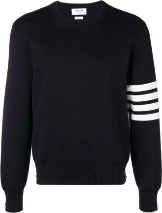 Thom Browne Cotton Crepe 4-Bar Pullover - Heren - Ronde hals truien - Blauw - L - Katoen - Truien & Vesten