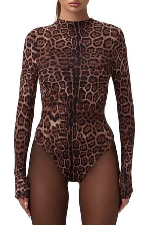 Naked Wardrobe Naked Snakeskin Print Long Sleeve Bodysuit in Brown Leopard at Nordstrom, Size X-Small
