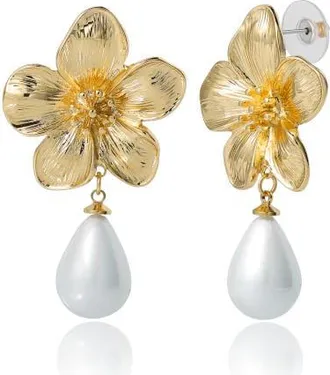 Jessica Simpson Gold-Tone Flower Earrings with Dangling Faux Pearl, Drop Earrings for Women in Gold Tone at Nordstrom