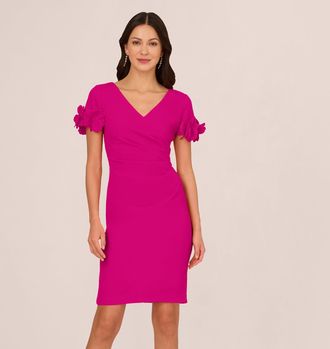 Adrianna Papell Crepe Faux Wrap Sheath Dress With Floral Accent Short Sleeves In Pink Flambe