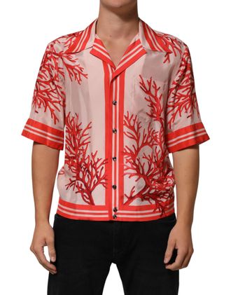 Dolce & Gabbana Shirt Red Corals Short Sleeves Button Mens Down