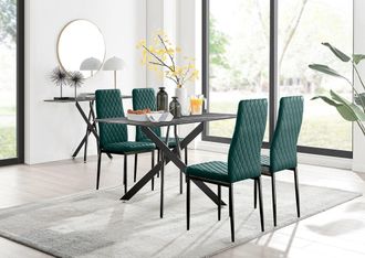 Furniturebox Leonardo Grey Glass Marble Effect Black Leg Table & 4 Velvet Milan Black Leg Chairs in Green
