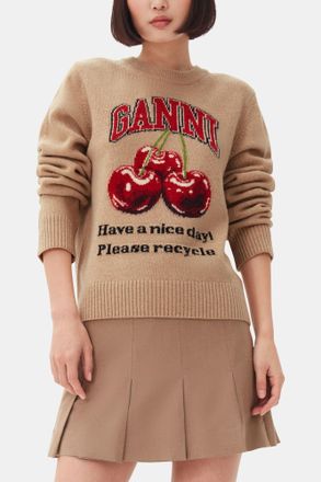 Ganni Brown Camel Graphic Cherry Jumper